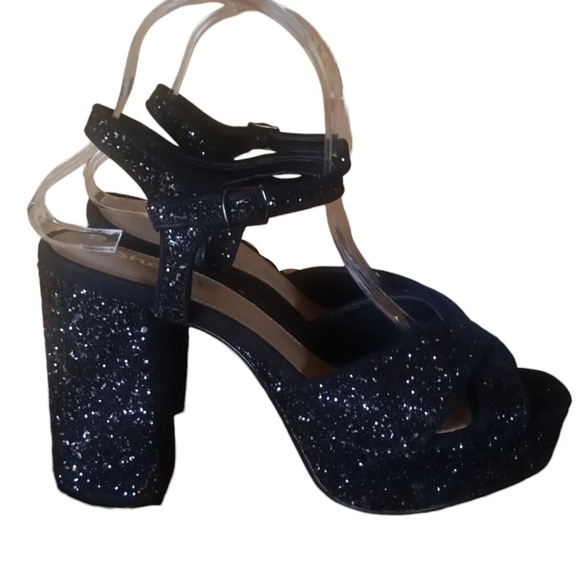 Dolls Kill Shellys London Black Chunky Glitter Platform Strappy Pumps‎ Size 9 - Picture 7 of 10